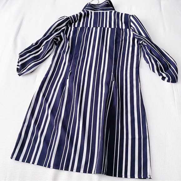 Navy Blue + White Vertical Stripe Shirtdress with Gold Buttons - Picture 6 of 11